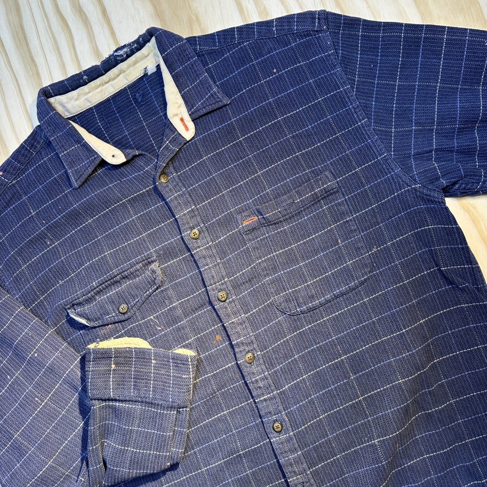 Vintage Distressed Blue Grid Work Shirt Mens Large Indigo Paint Splatter Rugged